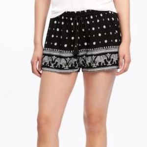 Black and White Elephant Print Drawstring Shorts